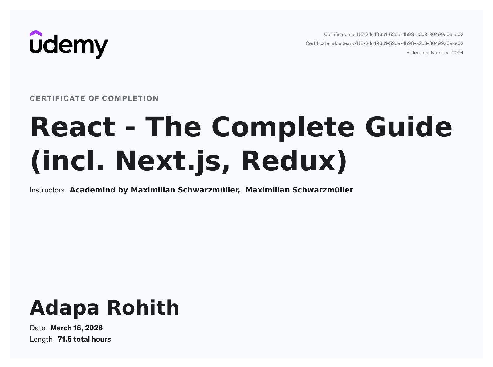 The Complete React Developer Course Certificate